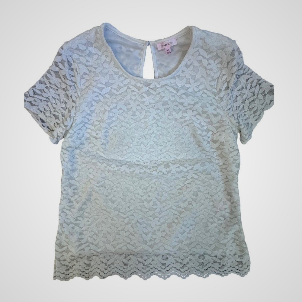 Teddi Rose White Floral Lace Short Sleeve Blouse Keyhole Back XXL
